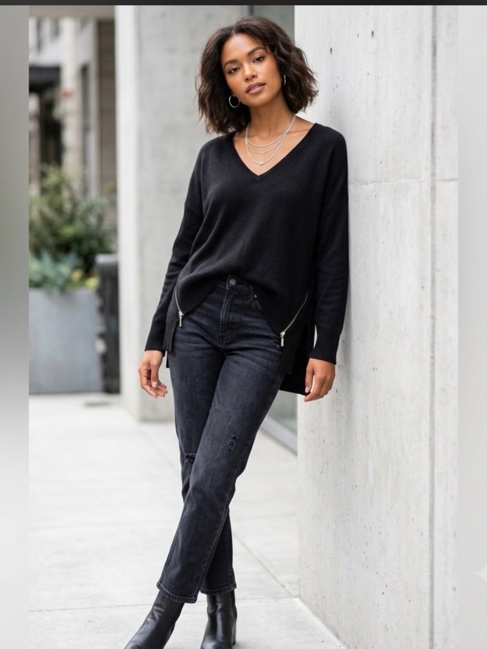 Bisou Bisou Michele Bohbot Black V-Neck Sweater with Zopper Detail Size Medium.